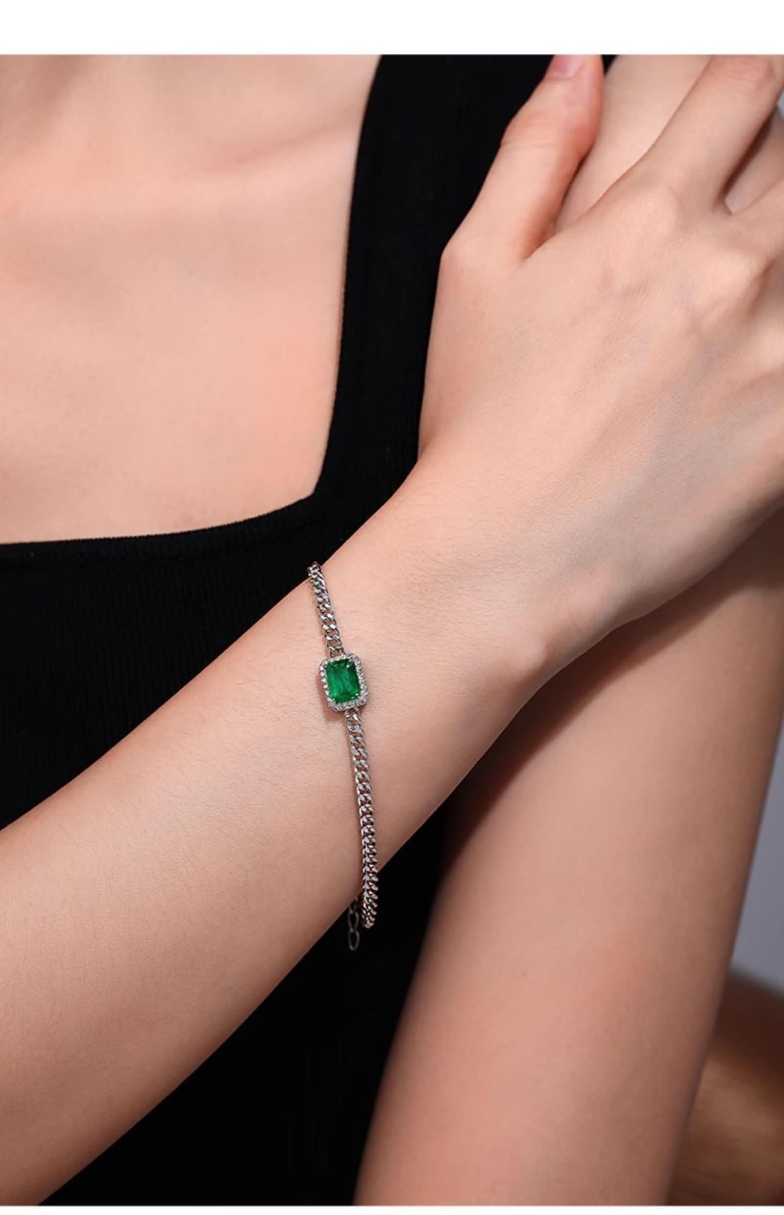 Pulseras para mujer de oro blanco de 9 quilates con esmeralda de 1,4 quilates y diamante, pulseras de joyería para novia de 20 + 3 cm