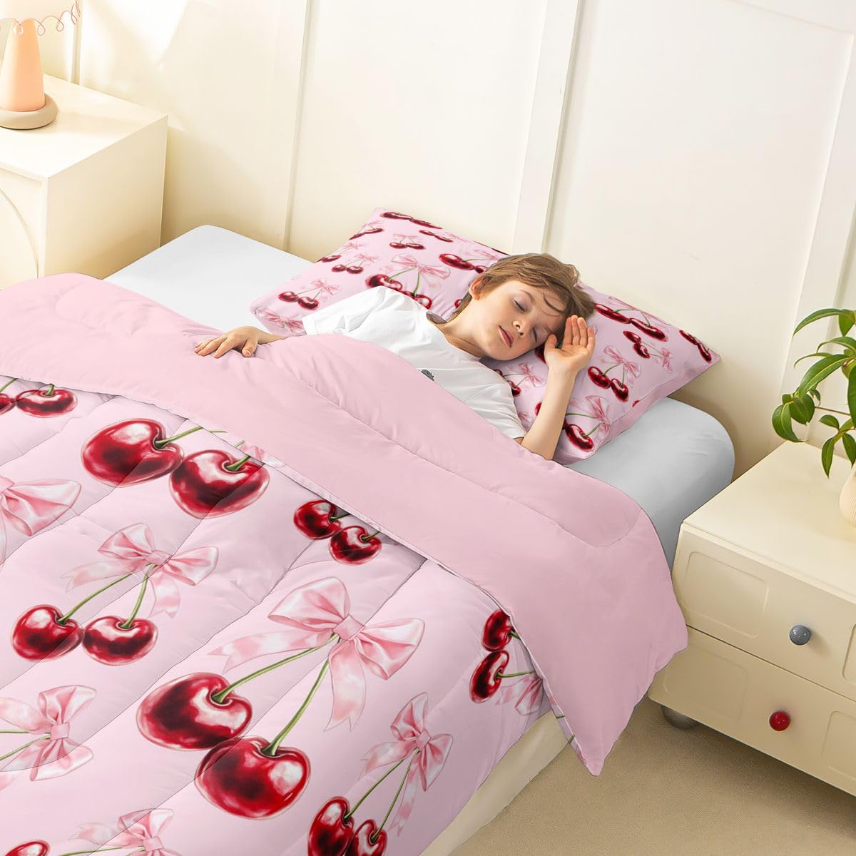 Homewish Różowa kokarda wiśnia podwójne zestawy pościeli - urocza różowe kokardki zestaw kołdry modny zestaw kołder muszka - kawaii kokardka bez przykrycia kołdra