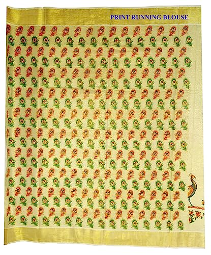 Image of Women's Mural Printed Kerala Gold Tissue Saree with Running Blouse Piece | Traditional South Indian Ethnic Saree for Festivals, Weddings & Special Occasions