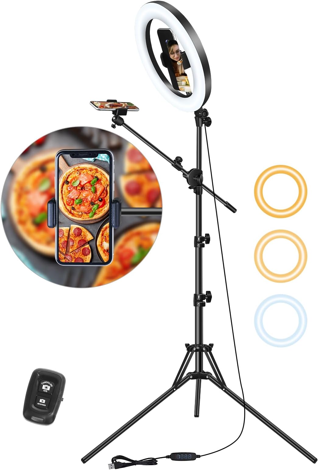 LUXSURE Ring Light with Stand for Phones, Tripod with Ring Light for iPhone, Overhead Phone Mount 10.5" with Phones Stand and Remote, Phone Tripod with Light for Video Recording/Live Stream/Cooking