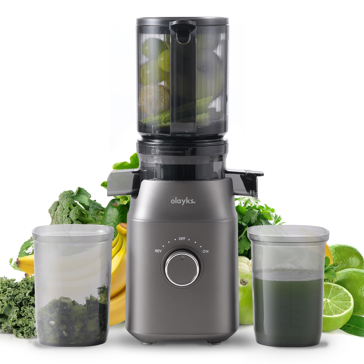 Juicer Machines, Olayks Cold Press Juicer with 4.3" Large Feed Chute Fit Whole Fruit and Vegetable, Masticating Machine with Juice Recipe, Self Feeding Effortless for Batch Juicing, Easy to Clean,Gray