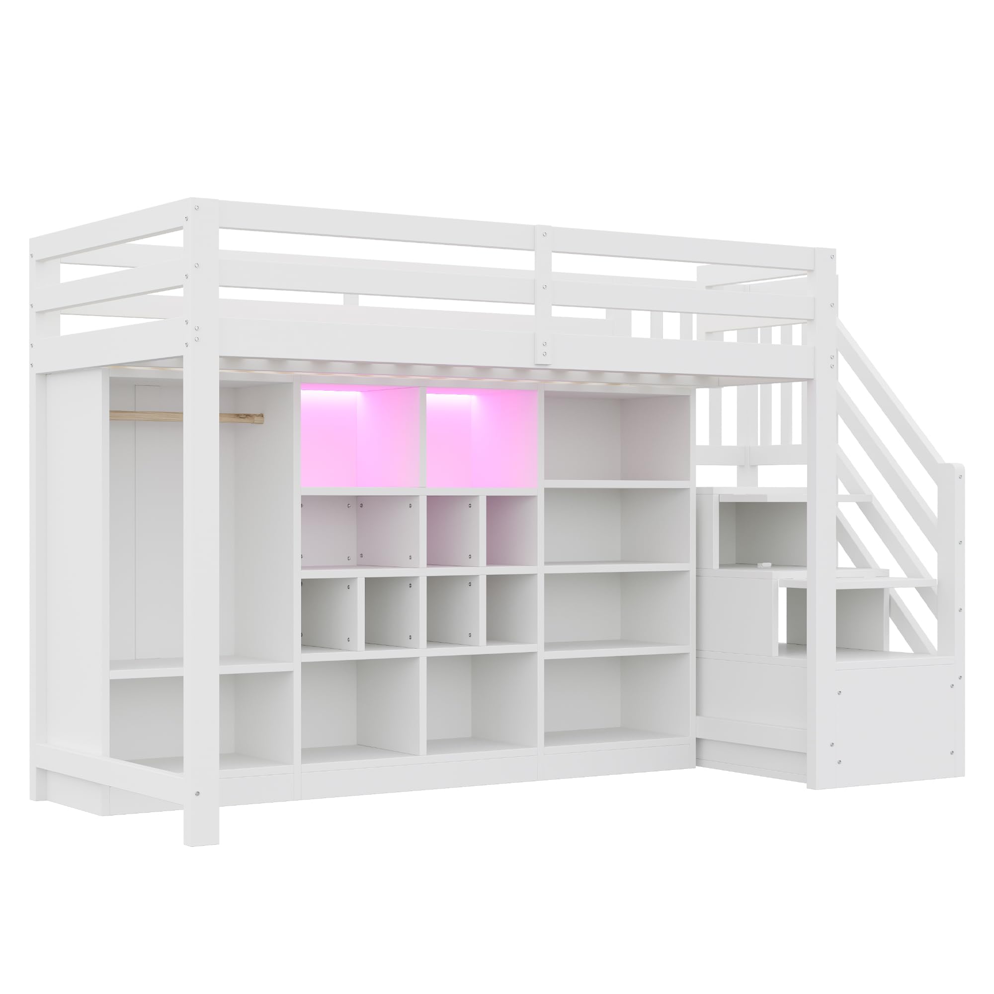 Soweiz Cama alta de 90 x 200 cm, con armarios de almacenamiento con varios compartimentos y un armario, con iluminación LED, escalera lateral integrada, espacio de almacenamiento (blanco)