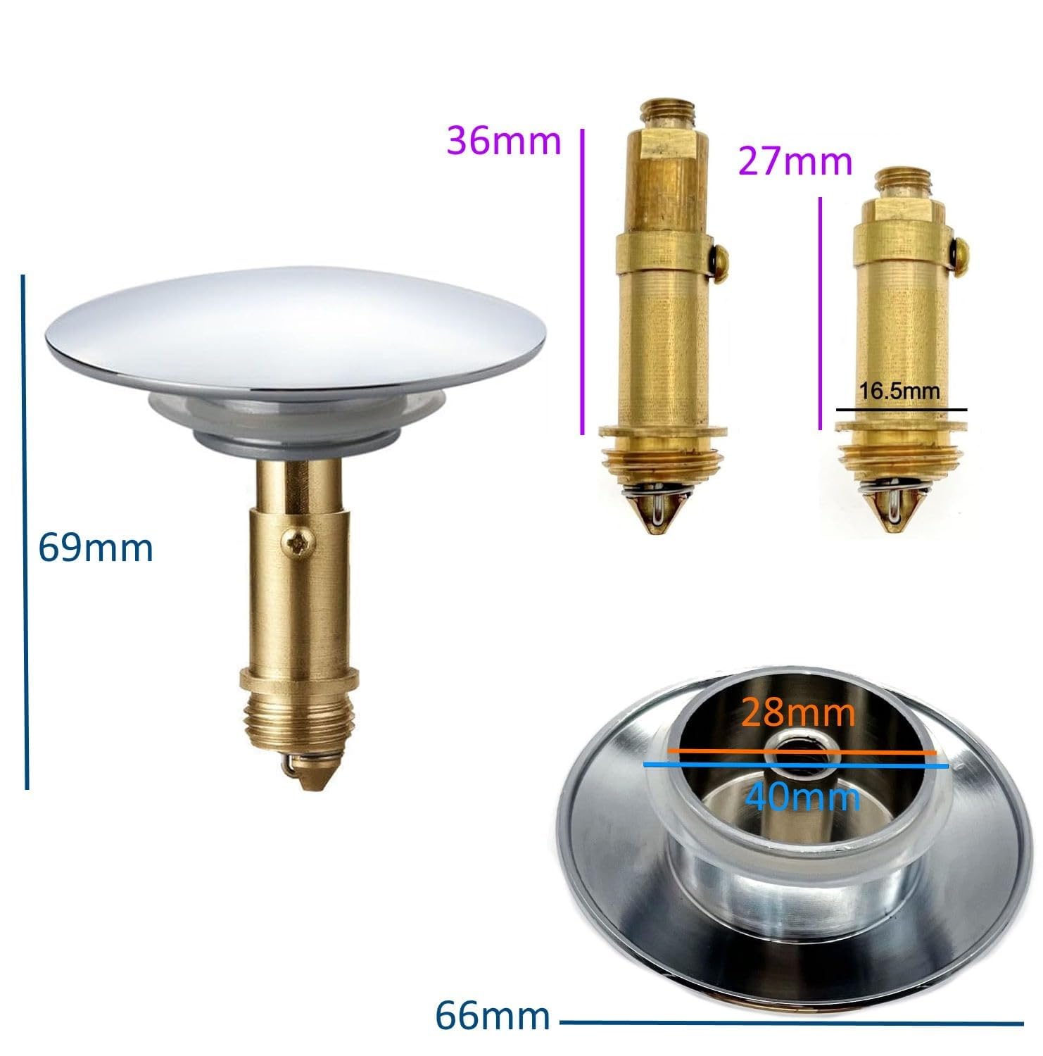 JZK Tapón Desplegable de Metal Cromado de 66 mm para Fregadero y Lavabo de Baño - Repuesto de Desagüe con Resorte Clak