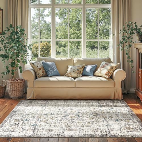 jinchan Kalen Area Rug 4x6 Washable Bedroom Rug Vintage Indoor Thin Floor Cover Retro Accent Mat Distressed Floral Country Boho Non Slip Carpet for Li