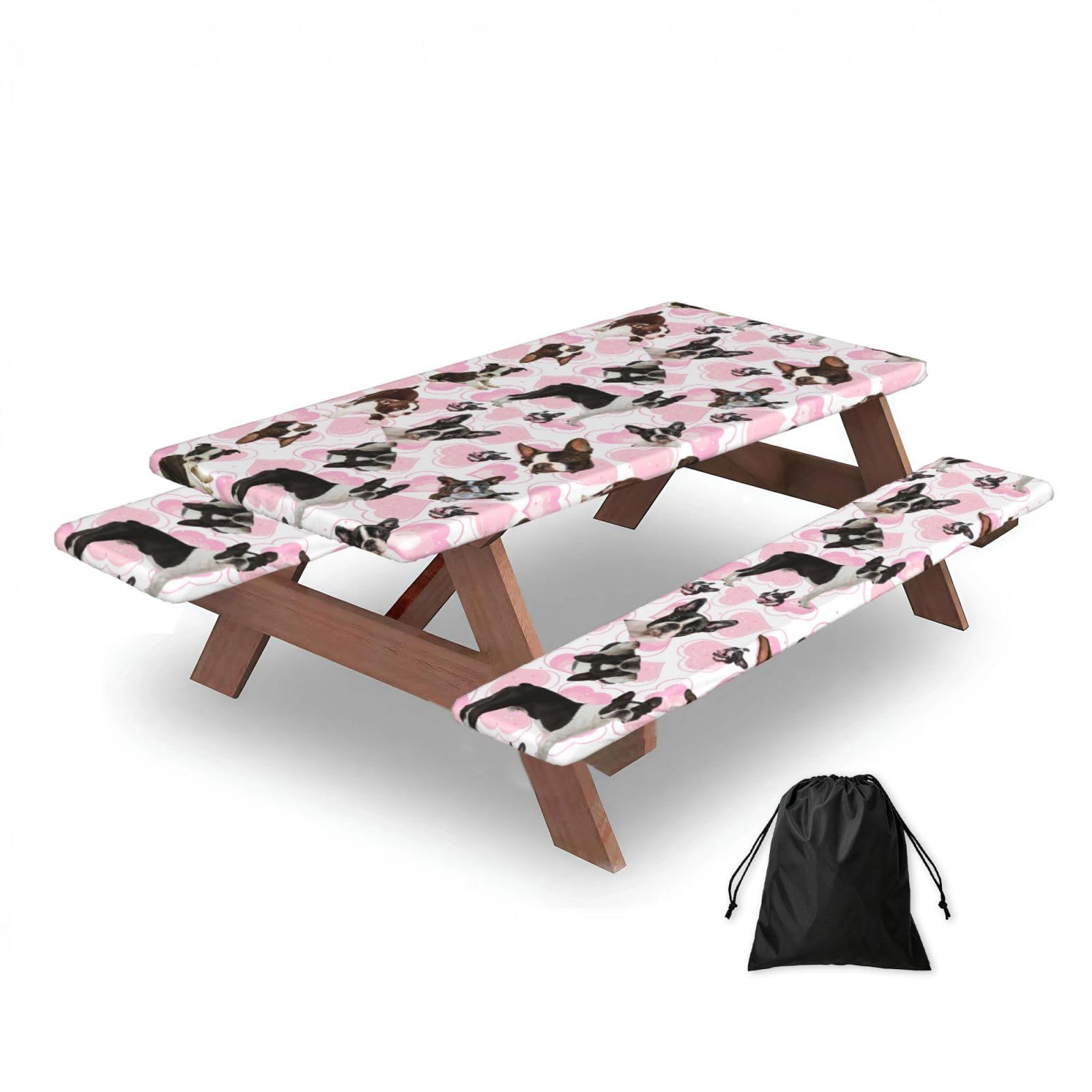 Dopklna As Picture Boston Terrier, Picnic Table Cover With Bench Covers -Waterproof Elastic Fitted Tablecloth For Garden Camping Patio 76X152cm