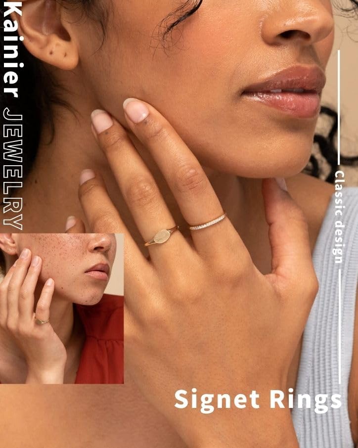 Kainier 14K Gold Plated Signet Rings Stackable Plain Slim Oval-shaped Thin Pinky Band for Women - 1.5mm Classic Dainty Cute Stacking Ring with Comfort Fit - Sizes 5-10 - Image 2