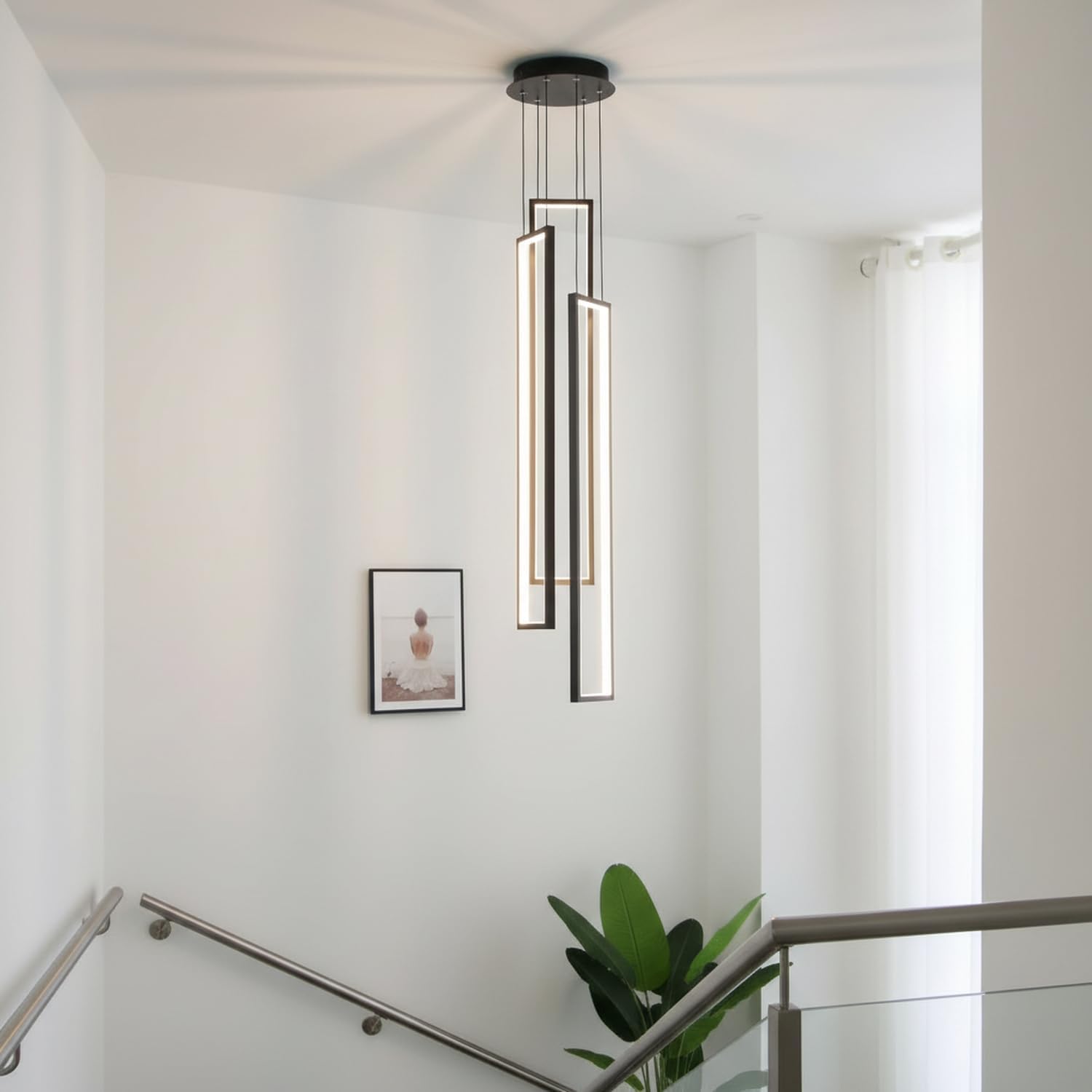 Modern Chandelier 3 Lights LED Black Kitchen Island Pendant High Ceiling Hanging Lamp for Living Dining Room Foyer Stairs Restaurant Remote Dimmable 33.4" H x 5.9" W