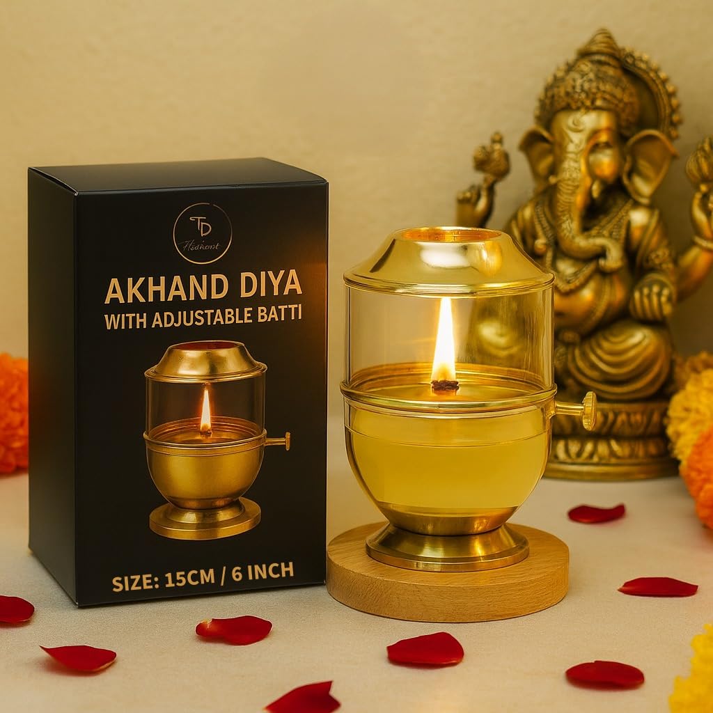 True Decor 6 Inch Brass Akhand Diya with Adjustable Batti Lifting Screw Lever & Borosicilate Glass Cover 250ML-image-6