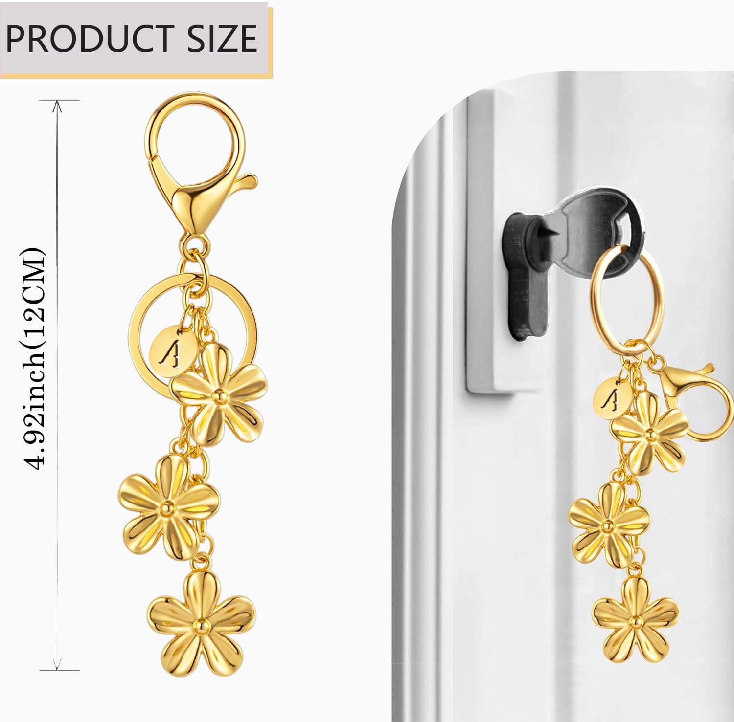XGALBLA Gold/Silver Initial Keychain Flower Charms for Key Cute Letter Keyring for Purse Handbag Backpack