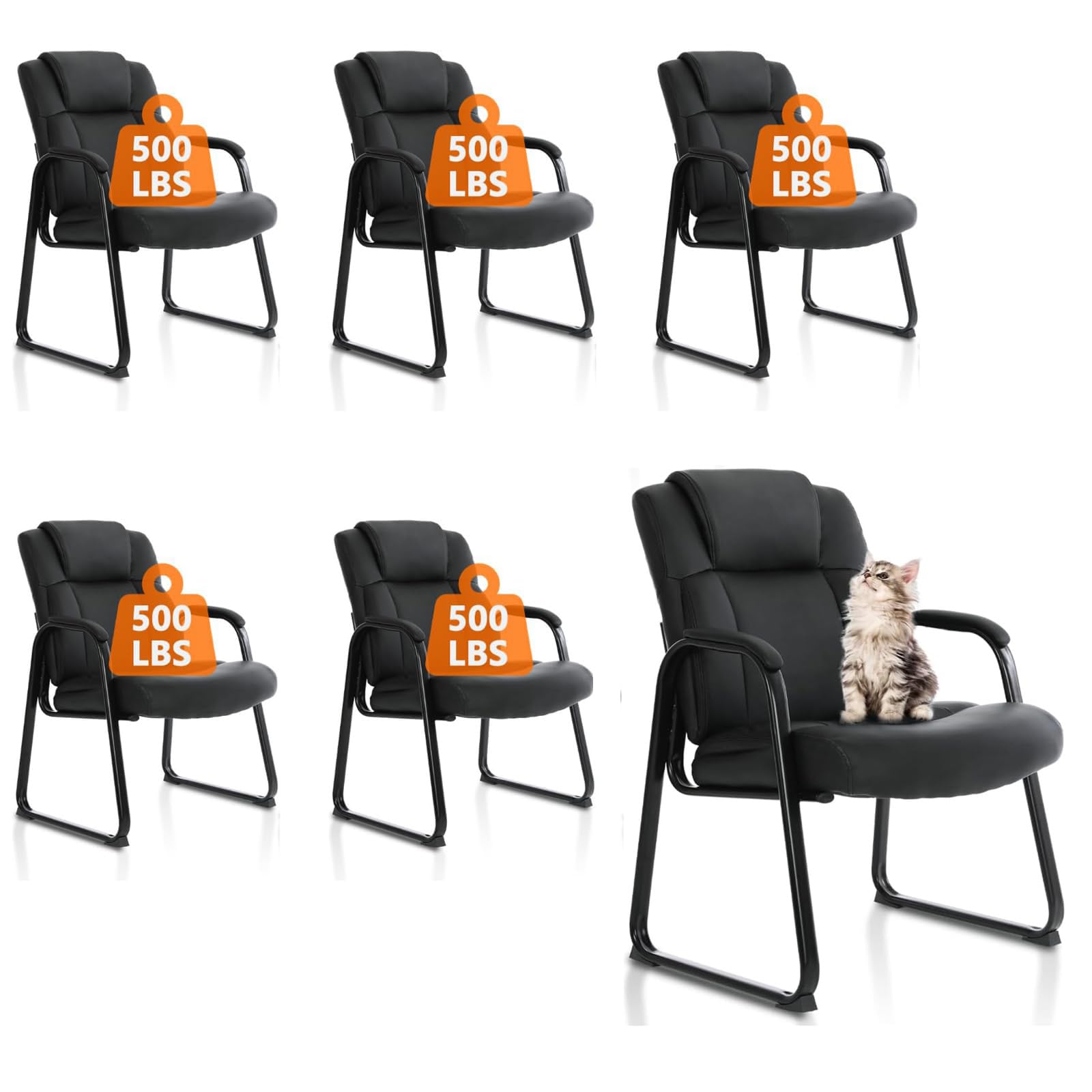CLATINA Heavy Duty Guest Chair with Padded Armrests and Sled Base, Executive Leather Soft Reception Chair 400lbs Capacity for Office Conference Waiting Meeting Room, Black (6 Pack)