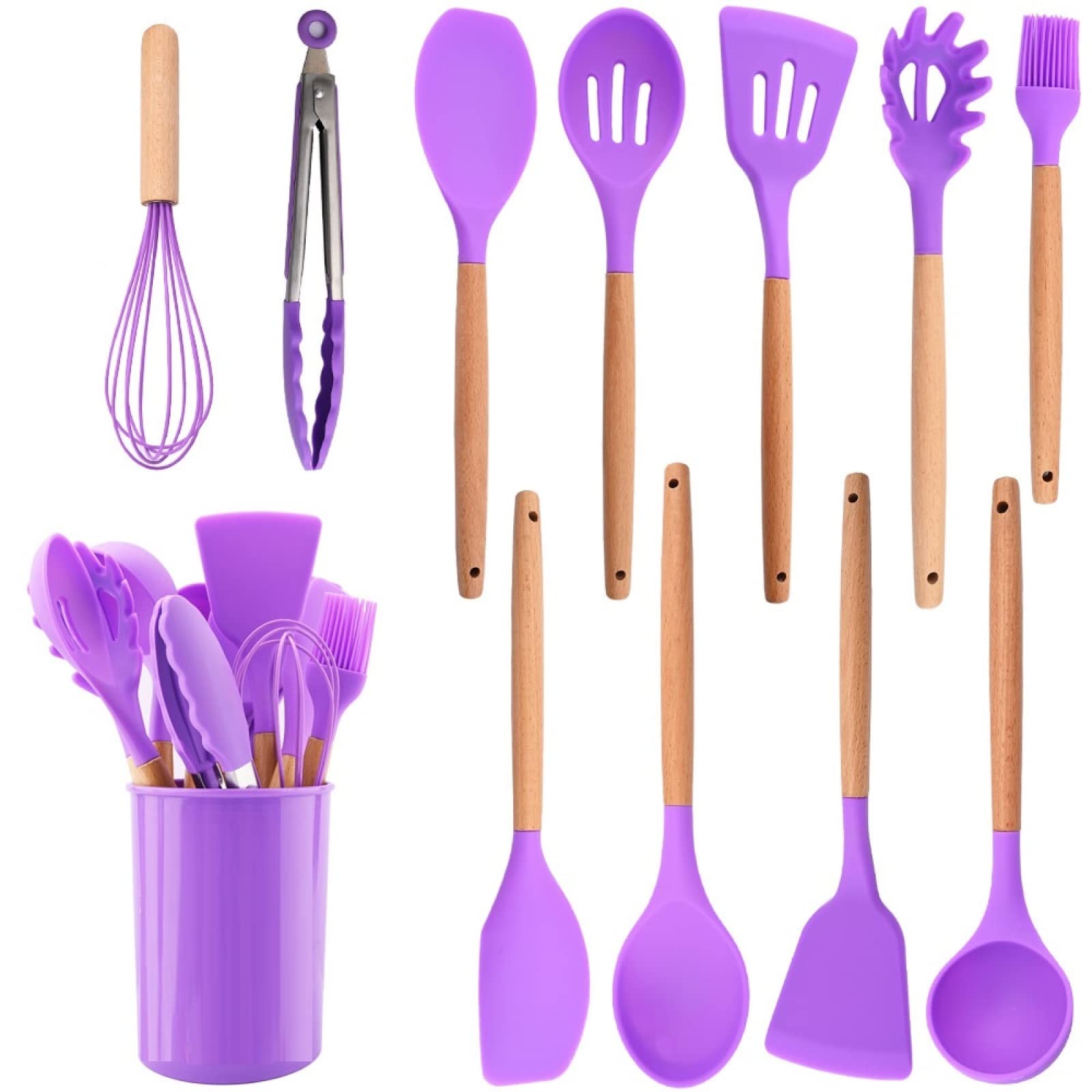 GTHTUHFD Cooking Spatulas And Spoons,Spoon Setcooking Utensils Set Silicone Kitchen Utensil Nonstick Cooking Utensils Wooden Handle Cookware Baking Gadget Set,Purple 12pcs