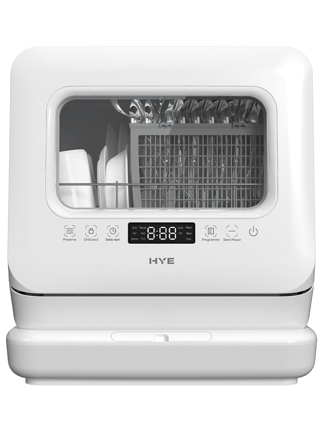 HYE Table Top Dishwasher - Countertop Dishwasher Mini With 3 Place Settings, Non-Plumbed, Compact Tabletop Design (Width 45.5cm), 6 Programs, Quiet Operation (58dB), White -...