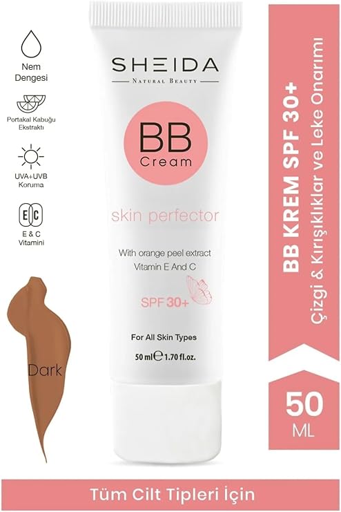 Sheida BB Cream Skin Perfector, SPF 30+, Mat Bitiş, Kırışıklık Karşıtı, Ton Eşitleyici, Dark, 50 ml
