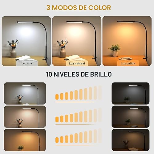 Miniatura 2 de Lámpara de escritorio LED con abrazadera, luces de clip para el cuidado de los ojos para el hogar y la oficina, 3 modos 10 niveles de brillo, cuello