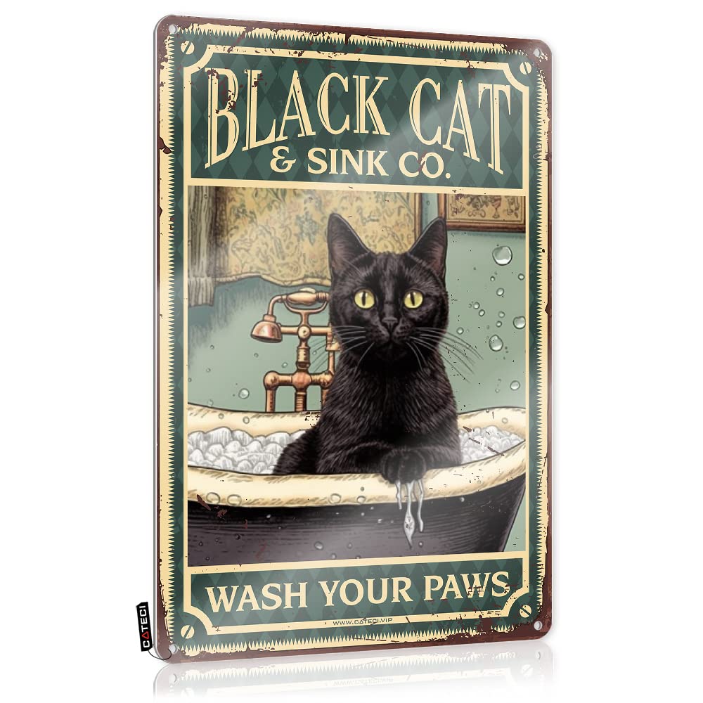 MWFKKADDB Metal Signs Funny Black Cat Wash Your Paws Tin Sign Posters & Printscute Wall Decordecor For Kitchenmen Bathroom Decor Tin Signs Warning Pool Zone Tin Sign(30X40CM)