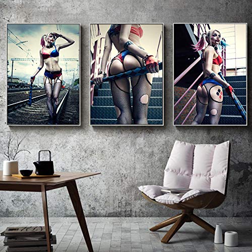 DHLHL 3 Piezas de Suicide Squad Harley Quinn Carteles de películas e Impresiones Joker Mujeres Lienzo Pintura Cuadro de Arte de Pared para decoración de Sala de Estar 50x70cm sin Marco