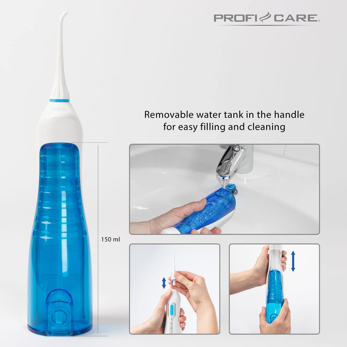 ProfiCare MD 3026 - Irrigador bucal portátil inalámbrico, Color Blanco y Azul