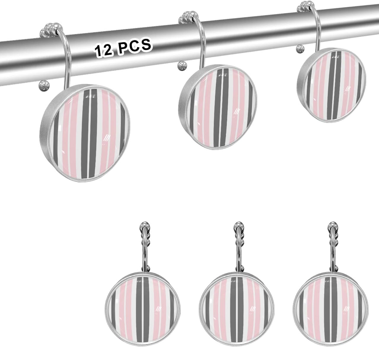 Stripes Shower Curtain Hooks, Grey Pink 12PCS Shower Curtain Hooks Rings for Bathroom Stainless Steel Rust Resistant Shower Curtain Hangers