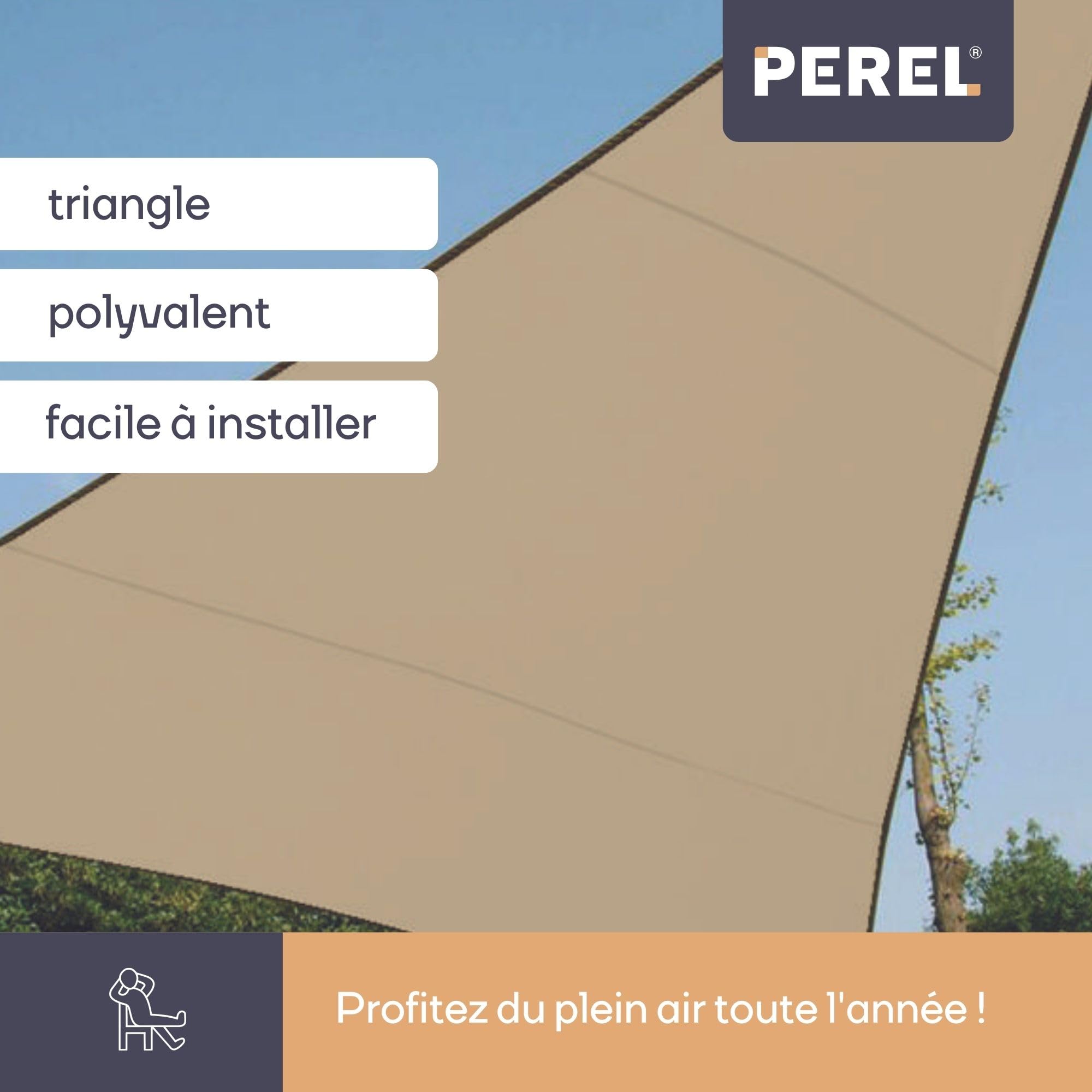 Perel Voile d’ombrage Triangulaire 5 x 5 x 5 m en HDPE Respirant et perméable pour Jardin et terrasse, Protection UV 90%, Effet rafraîchissant, Champagne
