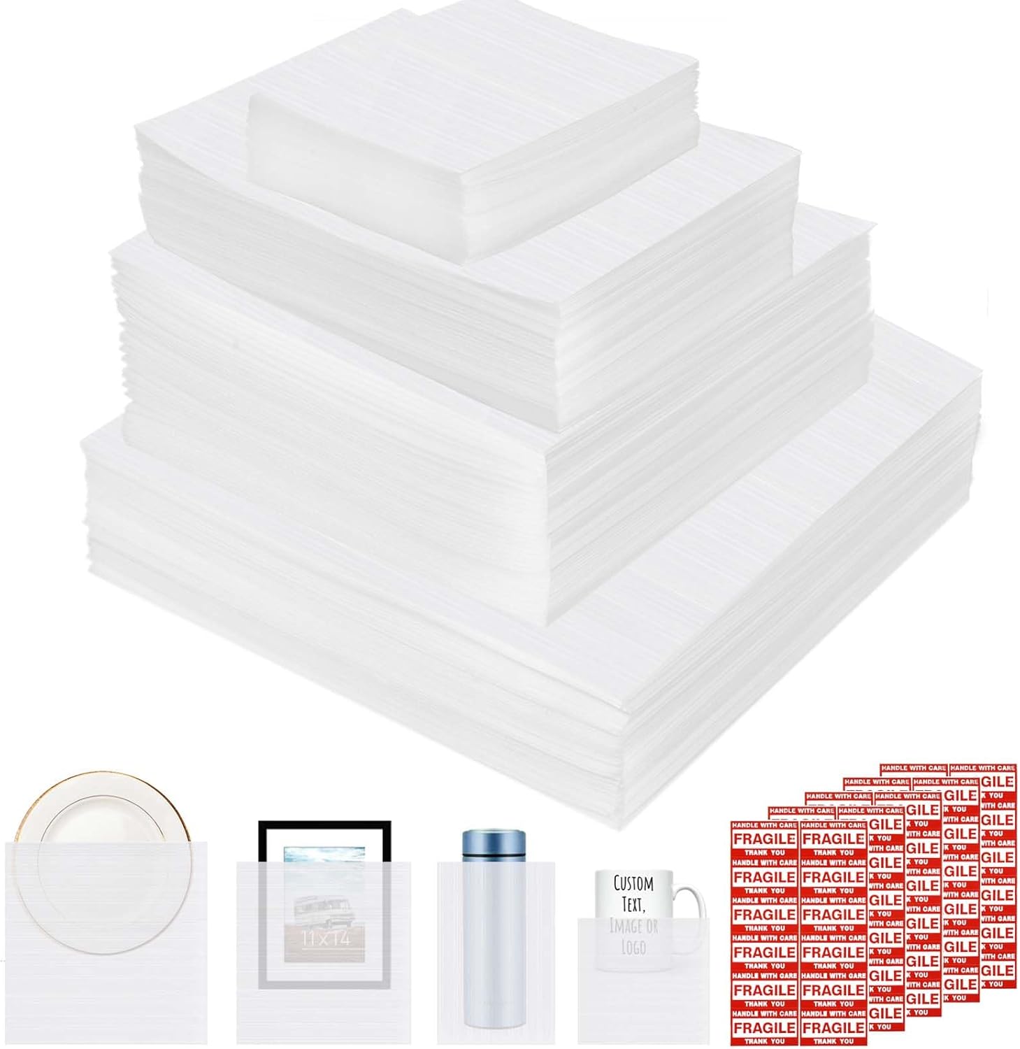 200pcs Cushioning Foam Pouches Moving Supplies, 2 Sizes (16x16inch,12x12inch) Use Packing Supplies for Moving, Packaging, Storage Incidental 100 Fragile Stickers, clear