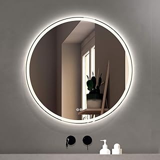 FOMAYKO 80CM Round LED Bathroom Mirror Illuminated Anti Fog Led Light Bathroom Smart Makeup Vanity Mirror, Touch Dimmble S...
