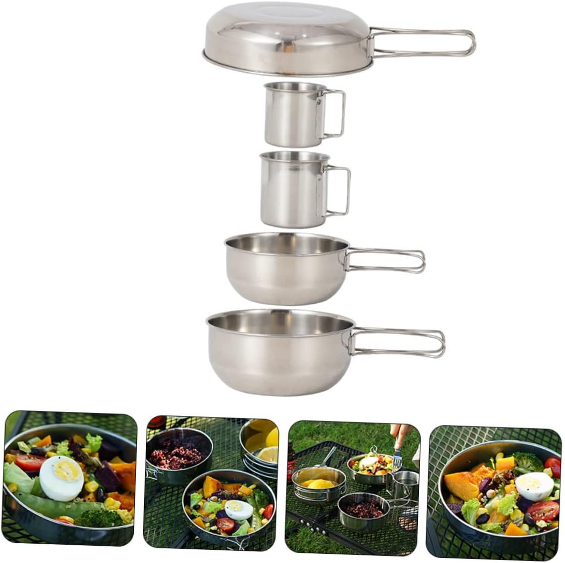 VICASKY 5Pcs Outdoor Stainless Steel Camping Tableware Frying Pan Cup Set Portable Picnic Cooking Tool for Hiking Fishing and Outdoor Use and Quick Drying