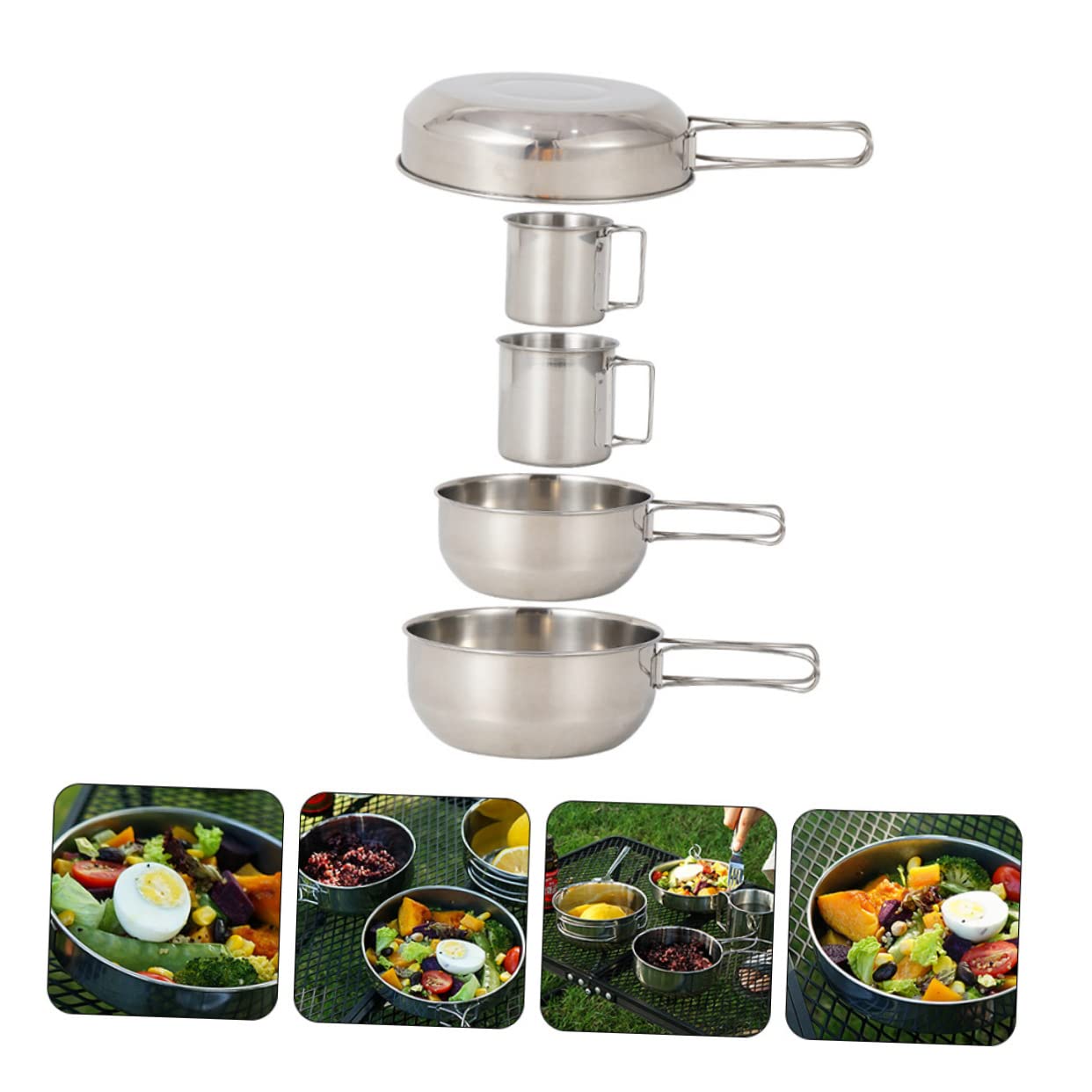 GRIRIW 5Pcs Camping Tableware Set Lightweight Stainless Steel Cups Pot for Picnics Mountaineering and Outdoor Activities Durable Easy to Clean Resistant
