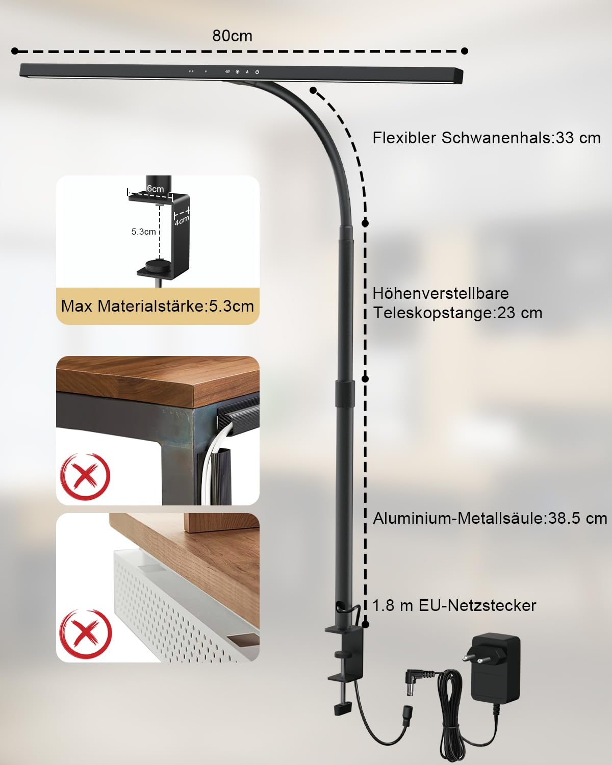 KableRika 24W Lampada da scrivania a LED per ufficio, lampada da scrivania con morsetto, telecomando e sensore gestuale, luce da scrivania di design dimmerabile, lo studio e l'illuminazione di casa