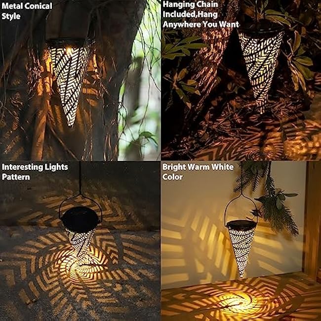 Outdoor Decorative Solar Hanging Lights with Delicate Hollow Conical Lantern Design - Set of 3 Chandelier for Patio, Tree, Garden, Yard, Porch, Backyard Pathway and Christmas Decoration.