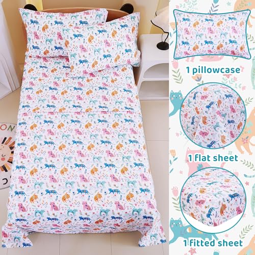 Image of Viviland 3 Pieces Girls Pink Cat Twin Sheet Set - Soft Microfiber Fitted Flat Sheets & Pillowcase - Kids Colorful Floral Leaf Print Bedding Sets - for Kids & Toddlers