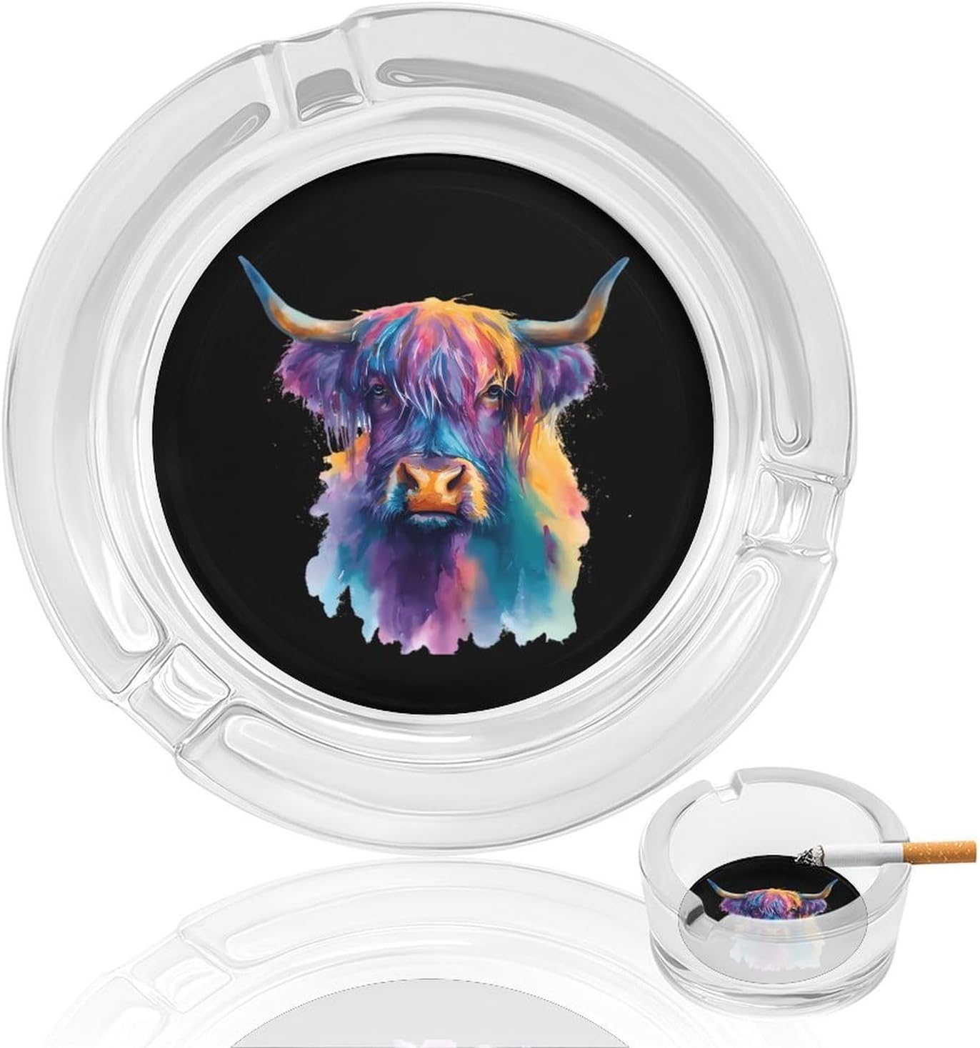 Watercolor Highland Cow Colorful Round Glass Ashtray for Cigarettes | Portable Cigars Glass Ash Tray Holder for Home Office Tabletop Decor