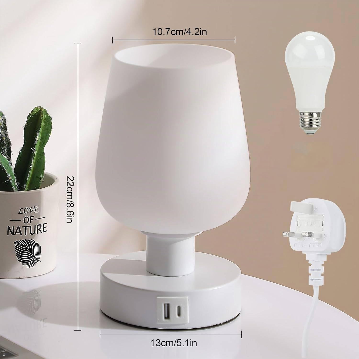 Lightess Touch - Lampada da comodino touch, regolabile, per camera da letto, con porte di ricarica USB A+C, moderna, piccola, con paralume in vetro opale bianco e lampadina LED, temperatura del colore