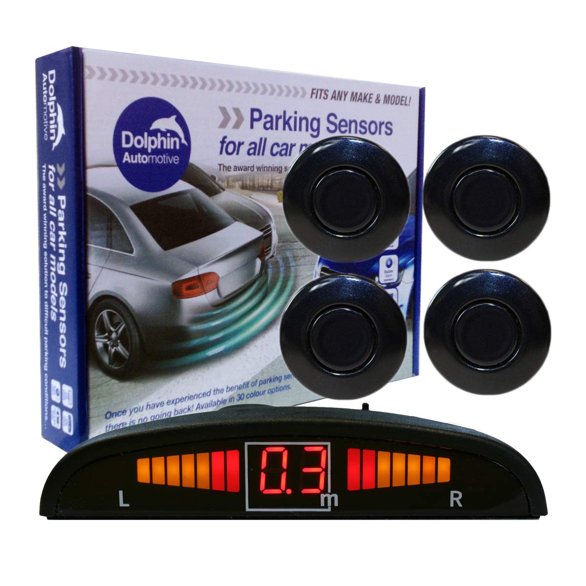 Dolphin Automotive DPS450 Reverse Parking Sensors In 32 Colours 4 Ultrasonic Radar Sensors Kit Audio & Display Alert System - Navy Blue