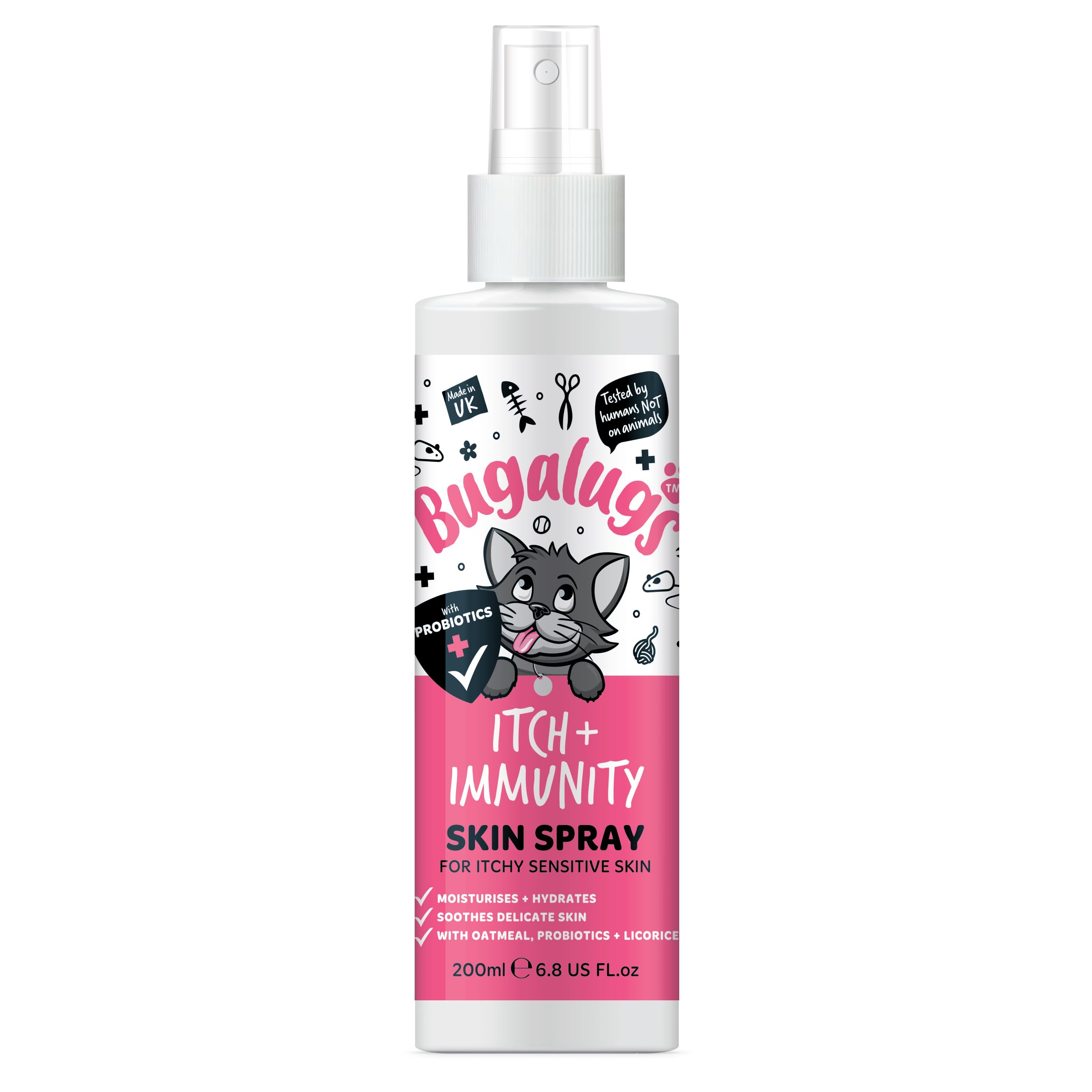 Bugalugs Itch & Immunity Spray - Itchy Skin sensitive skin with Probiotics for cats - kitten shampoo and cat shampoo for indoor cats for sensitive skin (Skin Spray 200ml)