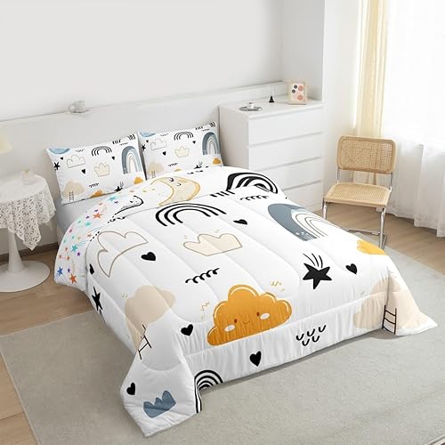 Miniatura 4 de Erosebridal Juego de edredón de dibujos animados arco iris, relleno de edredón Kawaii de dibujos animados de nubes de sol, edredón de corazón de