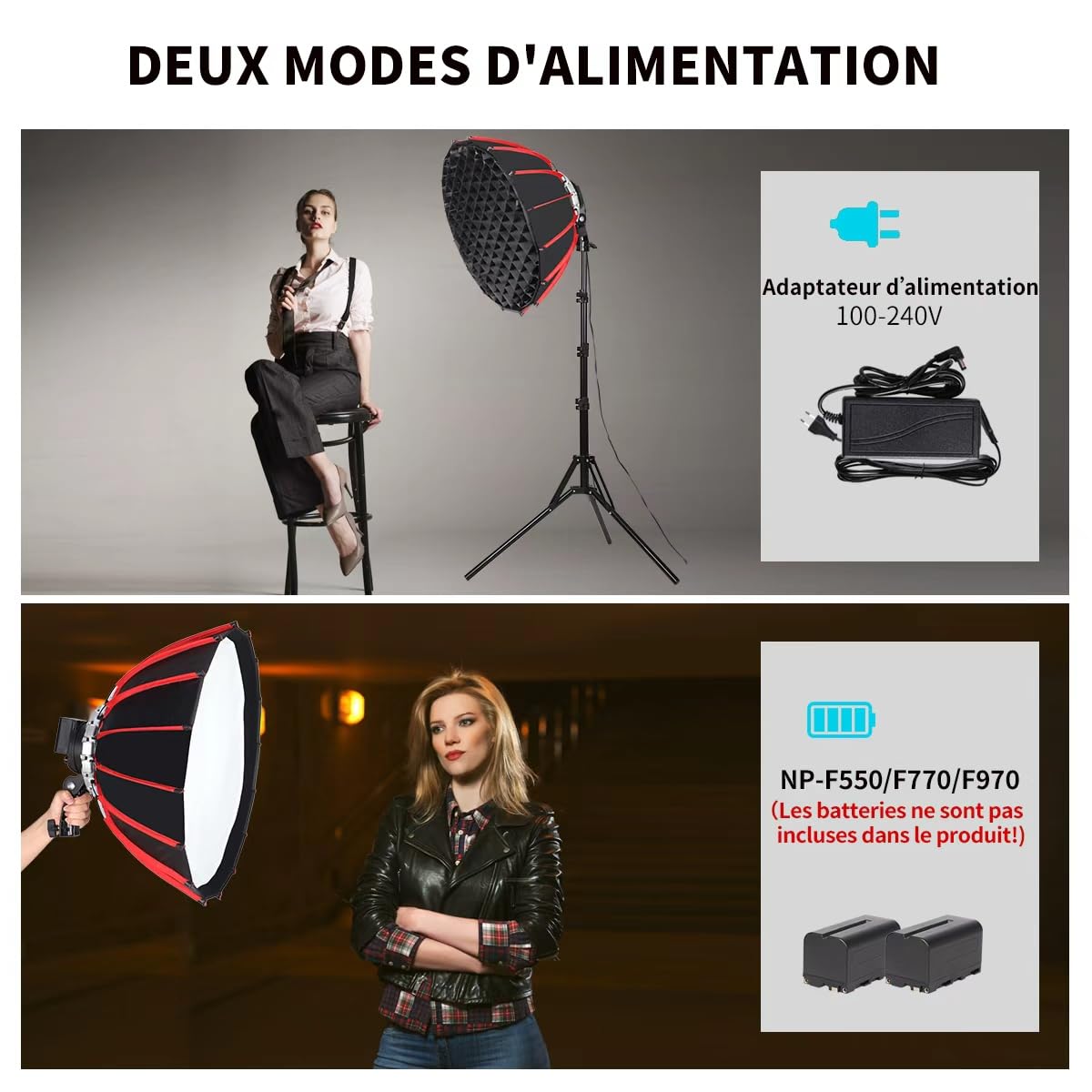Kit d'Eclairage 60W LED Softbox Parabolique Portable Grille 3000-6500K,boîte à lumière de 55cm Photographie de Portrait et de Produits Diffusion en Direct Vidéo en Studio ou en Extérieur