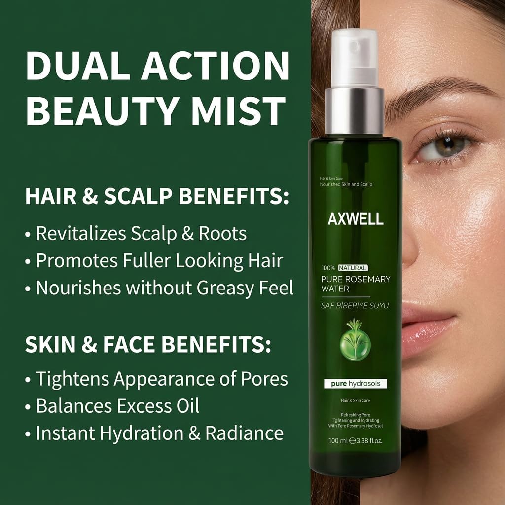 Axwell Pure Rosemary Water Spray for Hair & Skin – Scalp Mist for Fuller-Looking Hair – Pore-Tightening Facial Toner & Hydrating Mist – Steam Distilled, Alcohol-Free (3.38 fl oz)
