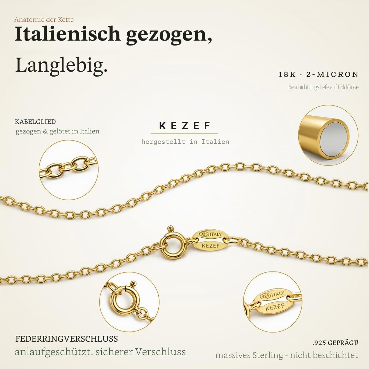 KEZEF 1 mm Gliederkette, 925 Sterling Silber | Erhältlich in 585 vergoldetem 925 Silber & 925 Sterling Silber | Kette ohne Anhänger für Damen & Herren | Länge: 40 cm - 90 cm