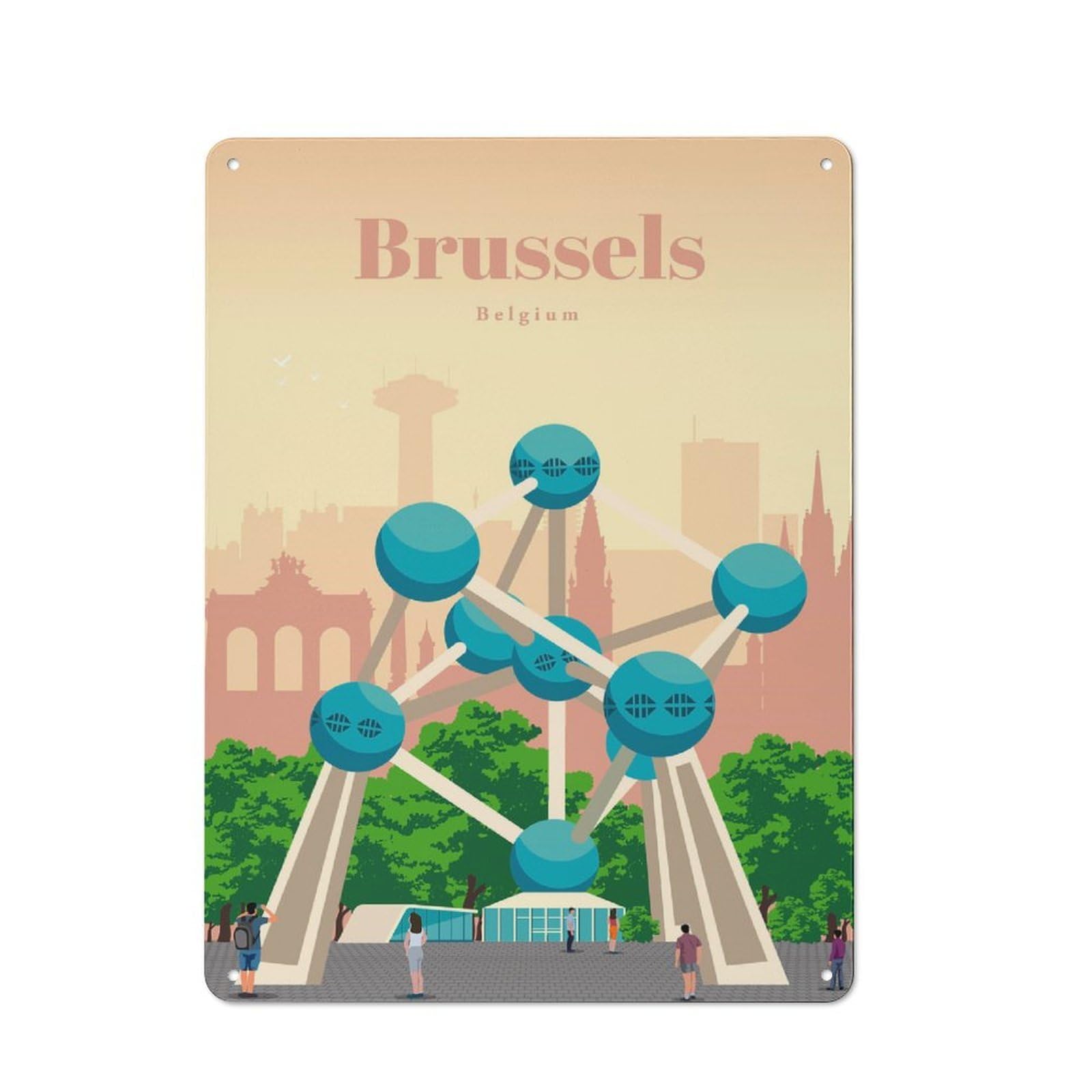 Junmoney Travel To Brussels Tin Wall Plaque 40X30cm With For Garage Or Workshop, For Living Room, Hallway And Entrance Wall Decor