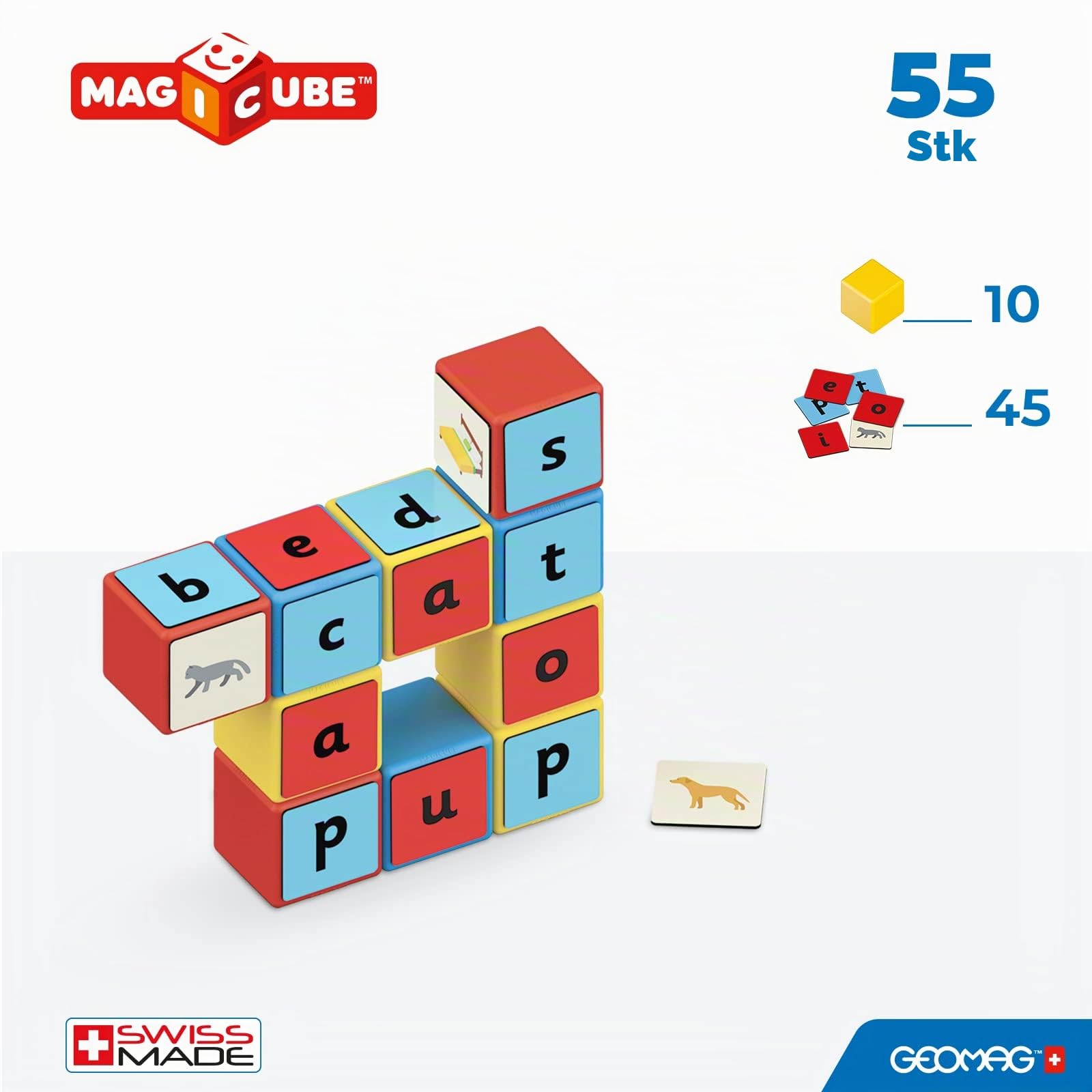 Geomag, Magicube Word Building Clips 79-teilige Magnetisches Spielzeug für Kinder, Geschenk für Jungen und Mädchen im Alter von 1 2 3 4 5 6 Jahren, Montessori-Spielzeug, magnetische Konstruktionen