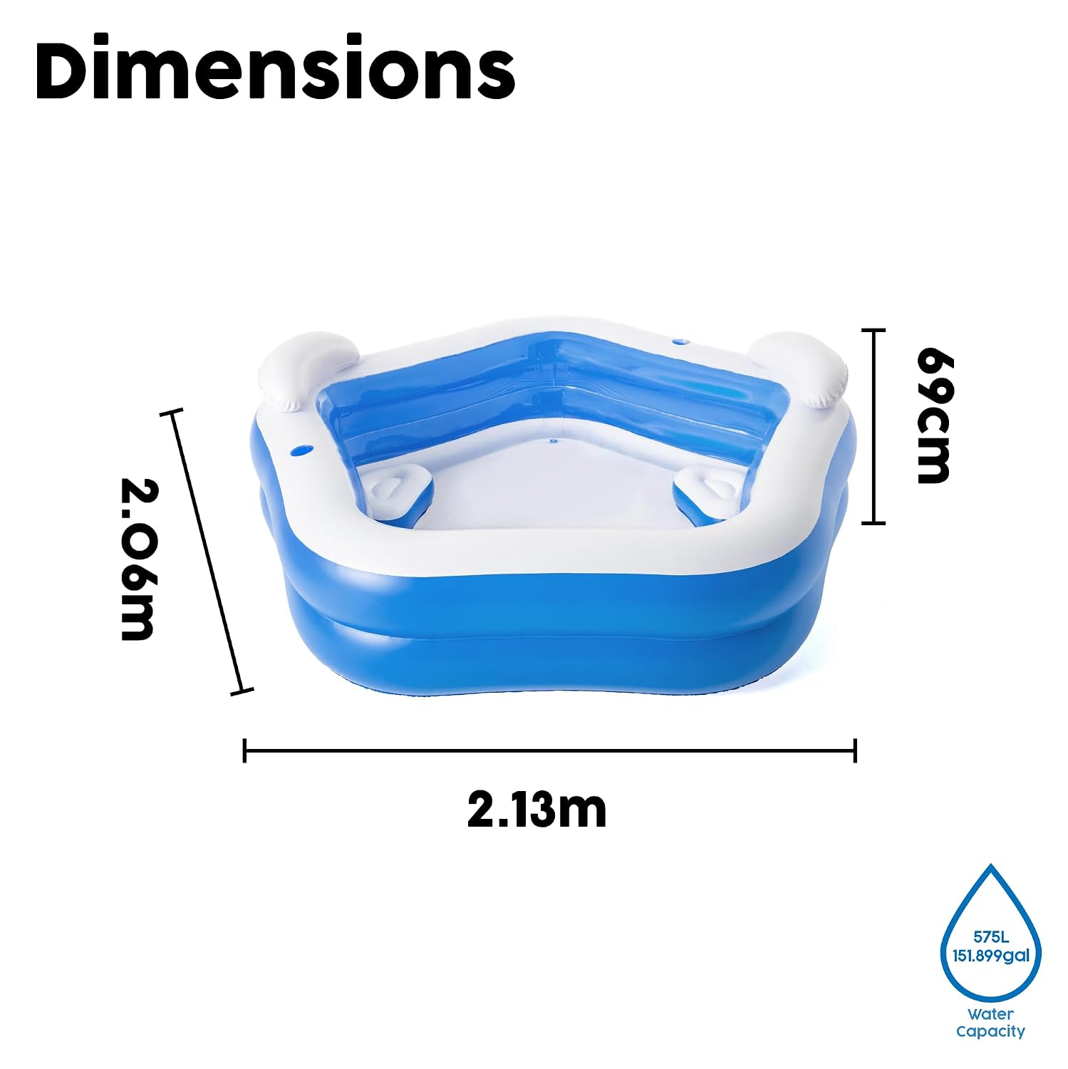 Diagram showing the dimensions of the Bestway Backyard Oasis Family Pool: 2.13m length, 2.06m width, and 69cm height, with a water capacity of 575 liters.