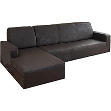 Waterproof Sofa Cover Corner Couch, PU Leather, L-Shaped Sofa Cover 2 Split Elastic Sofa Cover with L-Shaped Replacement Cover Elastic Bottom-Black-3 Seater + 3 Seater | PU    L