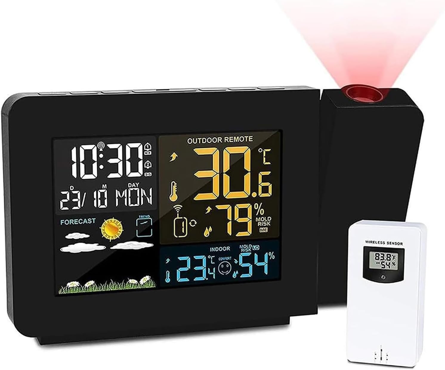 Digital Projection Alarm Clocks, 4 Level Brightness Backlight,Wireless Indoor Outdoor Temperature Humidity Monitor, 180° Projector, for Home Bedroom