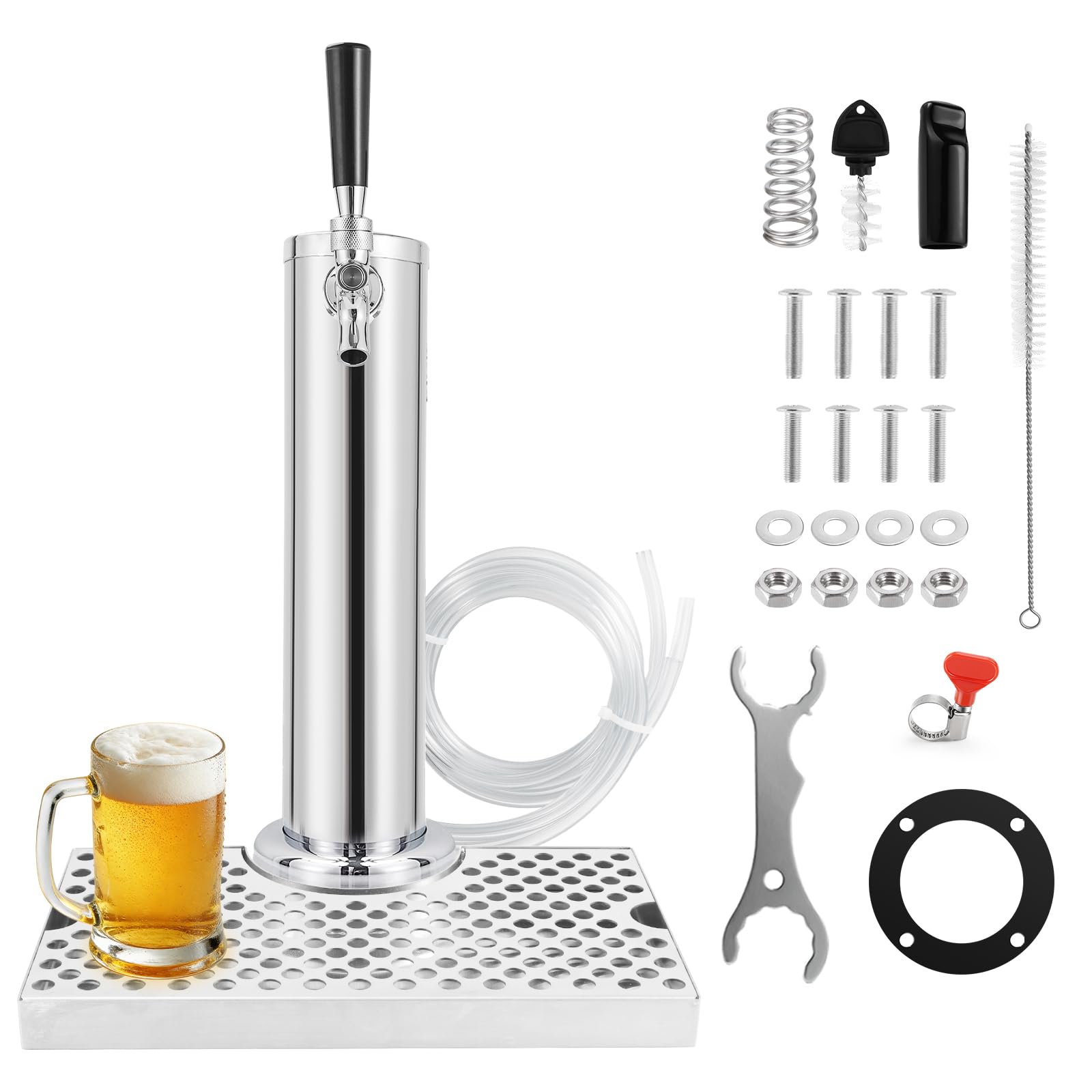 Torre de grifo de cerveza Kegerator de un solo grifo con bandeja de goteo de cerveza de acero inoxidable, torre de barril de cerveza preinstalada con bandeja de goteo de barril de piezas Kegerator