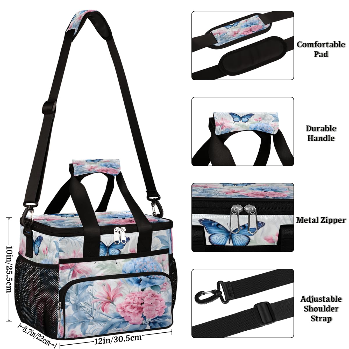 Floral Insulated Picnic Backpack Lunch Box for Women Men Picnic Basket Tote Lunch Bag Picnic Bag Portable Lunch Bags for Picnic, Beach, Work, Trip,Office, Camp Floral Butterfly