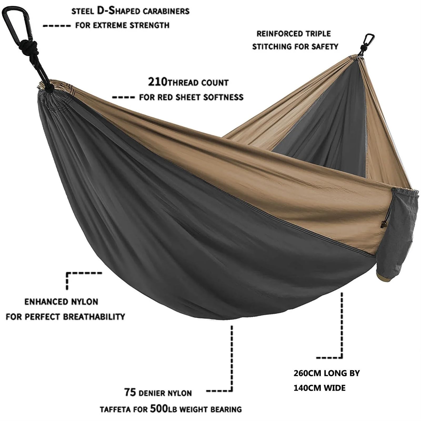 Amaca in Tinta Unita con Cinghie for Amaca, Campeggio, Sopravvivenza, Viaggi, Doppie Persone, mobili da Esterno per l'escursionismo, Il Campeggio(Dark Grey And Khaki)