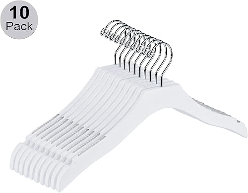 Miniatura 7 de Paquete de 10 perchas de madera blanca para pantalones para niños, diseño de lujo, gancho giratorio 360 cromado (10, 13 pulgadas con clips)