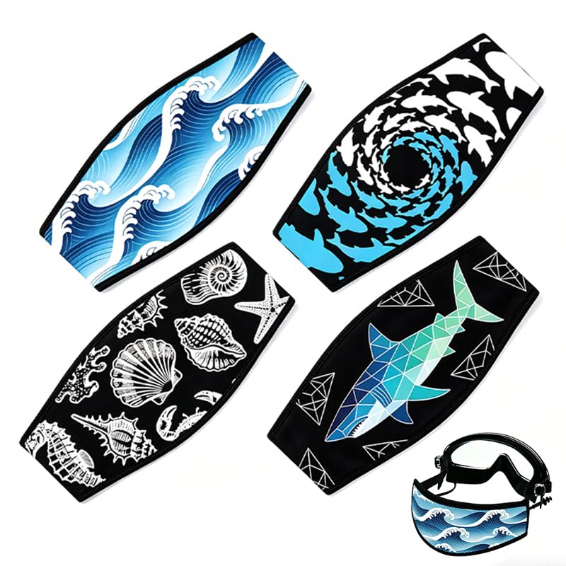 INFUNLY 4PCS Sharks Scuba Mask Strap Cover Waves Dive Mask Strap Neoprene Masks Slap Straps Marine Animals Waterproof Diving Headband for Men Women Snorkeling Diving Swimming Water Sports
