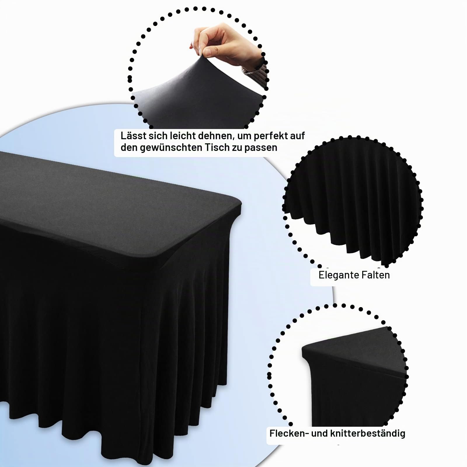 Spandex Tischröcke 1.8 m für rechteckigen Tisch, Tischabdeckung für 1.8 m Tisch mit Rock, taillierte rechteckige dehnbare Tischdecke für Hochzeit, Party, Ausstellungen, Handwerk,Schwarz