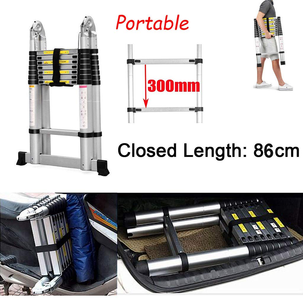 5M Teleskopleiter Alu Leiter Ausziehbare Klappleiter 2.5M + 2.5M Teleskop Leiter mit Stabilisator, Hohe Mehrzweckleiter, 150 kg Belastbarkeit